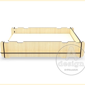May include: A wooden bed frame with black trim. The frame is made of plywood and has a simple design.