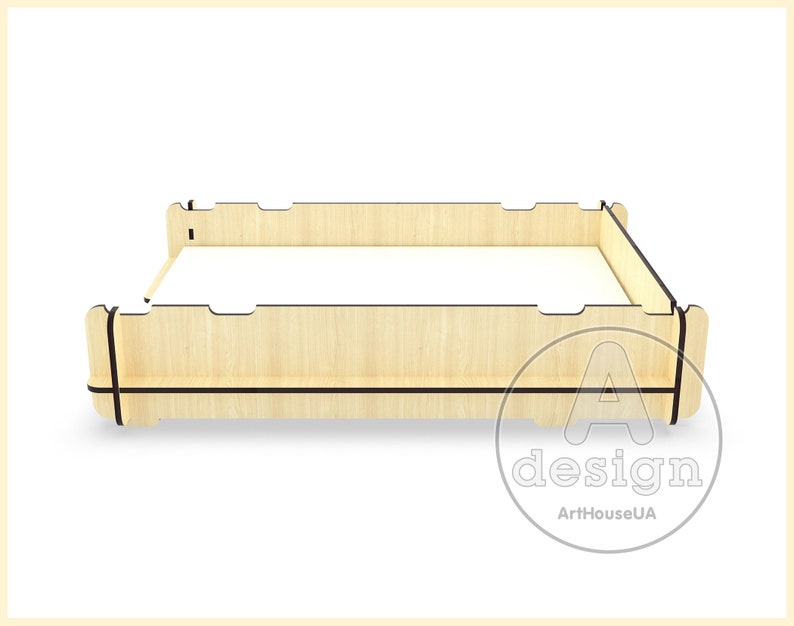 May include: A wooden bed frame with black trim. The frame is made of plywood and has a simple design.