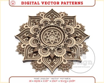 May include: A brown and beige layered mandala design with intricate details. The mandala is a circular pattern with a central circle and radiating lines and shapes. The design is reminiscent of a flower or a star.