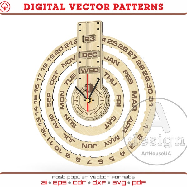 Perpetual calendar with clock and phases of the moon laser cut vector plan and glowforge SVG files, Wall plywood perpetual calendar, PC-v25