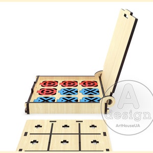 May include: Wooden tic-tac-toe game with a hinged lid. The game pieces are red and blue circles and X's. The game board is a 3x3 grid with black lines.