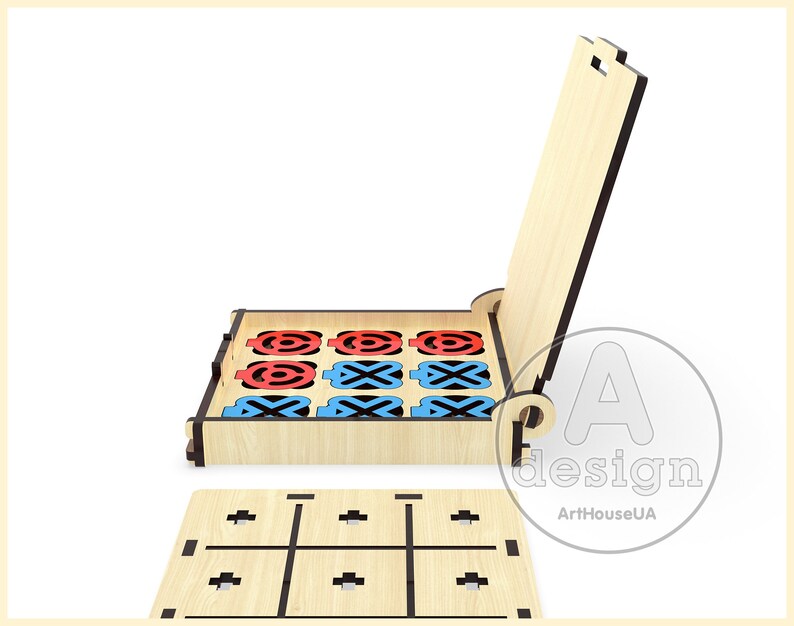 May include: Wooden tic-tac-toe game with a hinged lid. The game pieces are red and blue circles and X's. The game board is a 3x3 grid with black lines.