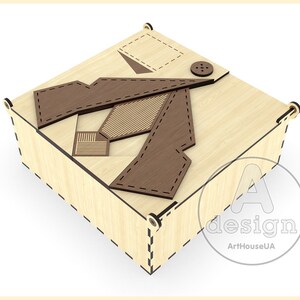 May include: A wooden box with a decorative design of a brown tie on the lid. The box is made of light wood and has a black border around the edges. The lid has a small button on the top. The box is labeled "A design ArtHouseUA".