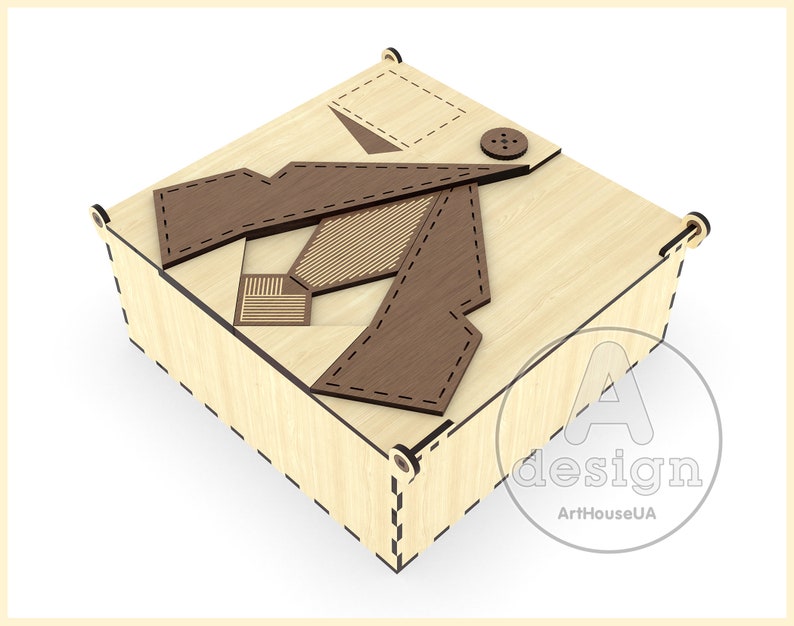 May include: A wooden box with a decorative design of a brown tie on the lid. The box is made of light wood and has a black border around the edges. The lid has a small button on the top. The box is labeled "A design ArtHouseUA".