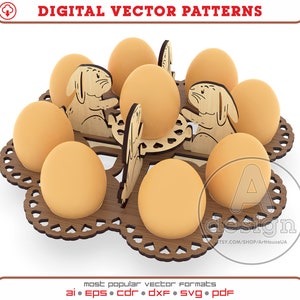 Porta huevos de conejito de Pascua láser DXF, archivo vectorial de conejito de Pascua PDF, bandeja de huevos de conejito de Pascua de decoración, bandeja de huevos de Pascua Banny archivo Glowforge SVG