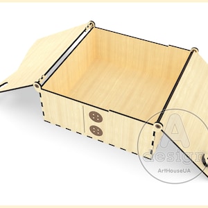 May include: A wooden box with a hinged lid, the lid is open and the box is empty. The box has a light wood finish and black trim. There are two black buttons on the front of the box.