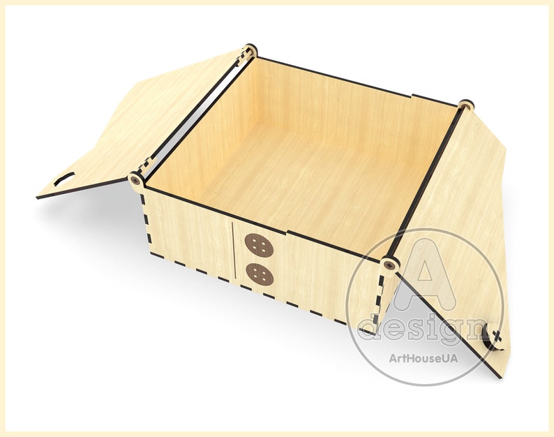 May include: A wooden box with a hinged lid, the lid is open and the box is empty. The box has a light wood finish and black trim. There are two black buttons on the front of the box.