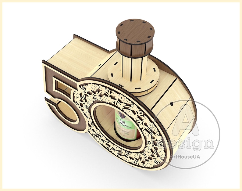 May include: Wooden wine bottle holder shaped like the number 50, with a decorative floral design and a small wooden top. The holder is designed to hold a bottle of wine.