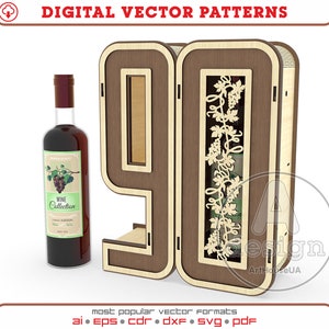 File vettoriale tagliato al laser della scatola del vino regalo del 90° anniversario, vettore della scatola regalo del 90° compleanno, vettore delle decorazioni del 90° compleanno, portabottiglie Ver.81