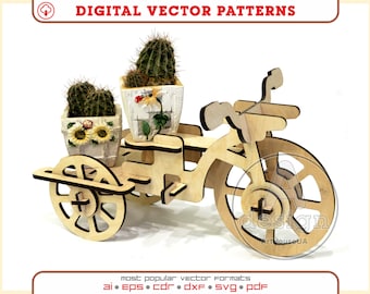Laser Cut Cycle Rickshaw Flower Vase Holder SVG Vector File Digital Download for Laser Cutting