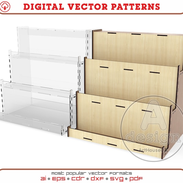 Craft Stand Display Lasercut Svg vector file, Merchandise Tiered Shelving for Glowforge, Countertop retail display stand for sticker card