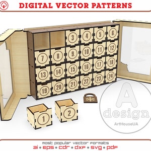 Arquivo vetorial de corte a laser do calendário do Advento, Calendário do Advento de Natal, Calendário do Advento de Natal 24 gavetas, decoração de Natal, Ver.28