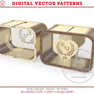 Duas versões de arquivo SVG de vetor de caixa de cartão de casamento para corte a laser e usuário Glowforge, caixa de recepção de casamento, caixa de cartão de dinheiro hexagonal polígono de presente.