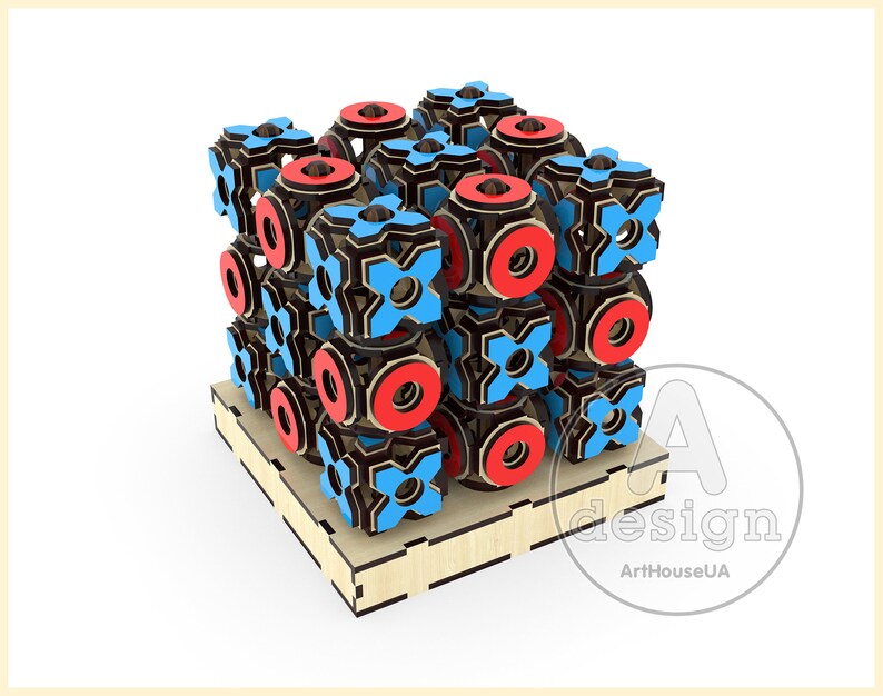 May include: A wooden 3D puzzle with a geometric design. The puzzle is made up of interlocking pieces that form a cube. The cube is decorated with red and blue circles and crosses.
