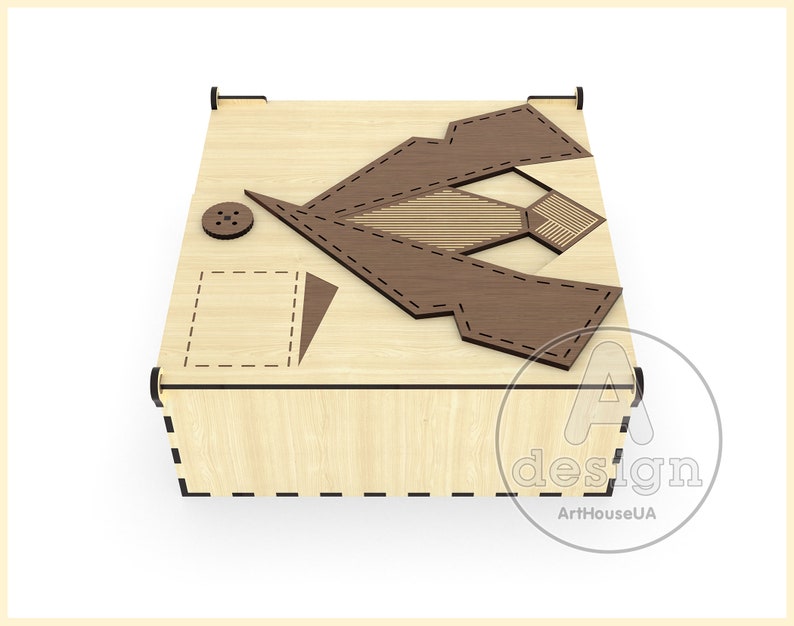 May include: A wooden box with a decorative design of a shirt and tie. The box is made of light wood with a brown stain. The design is cut out of the wood and has a dark brown finish. The box has a small button on the top.