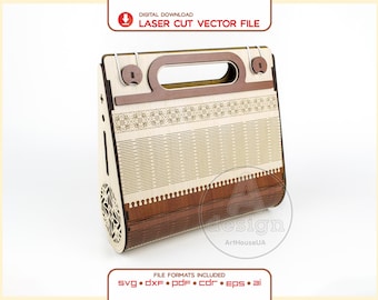 May include: A laser-cut wooden handbag with a handle, featuring geometric patterns and horizontal slats. The bag has a light wood upper section and a dark wood lower section with a scalloped edge. Text reads DIGITAL DOWNLOAD LASER CUT VECTOR FILE.