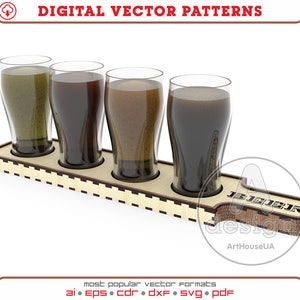 May include: A wooden beer flight with four glass cups filled with different colored liquids. The flight has a cutout in the shape of a beer bottle with the word "BEER" written on it.