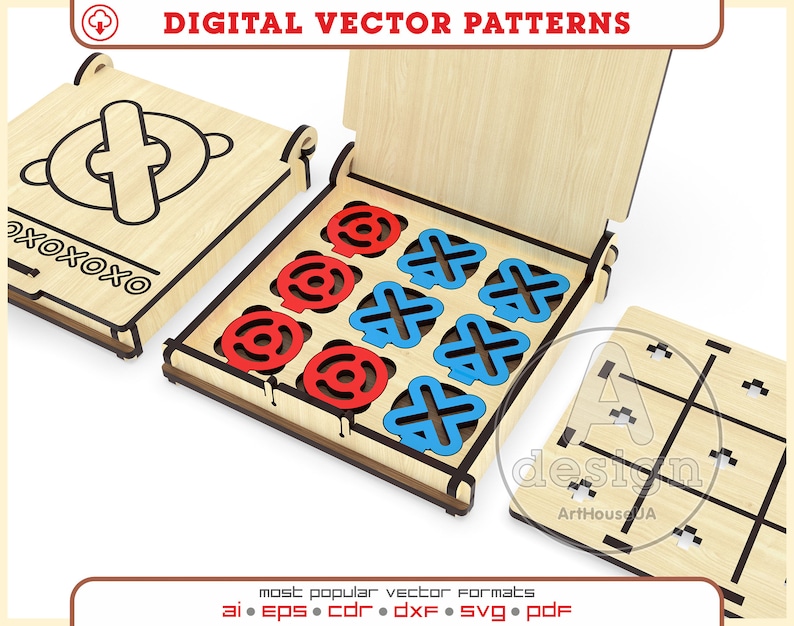 May include: A wooden box with a lid that opens to reveal a tic-tac-toe game. The game pieces are red and blue circles and crosses. The box is made of wood and has a natural finish. The game board is made of wood and has a black finish. The game pieces are made of wood and have a red and blue finish.