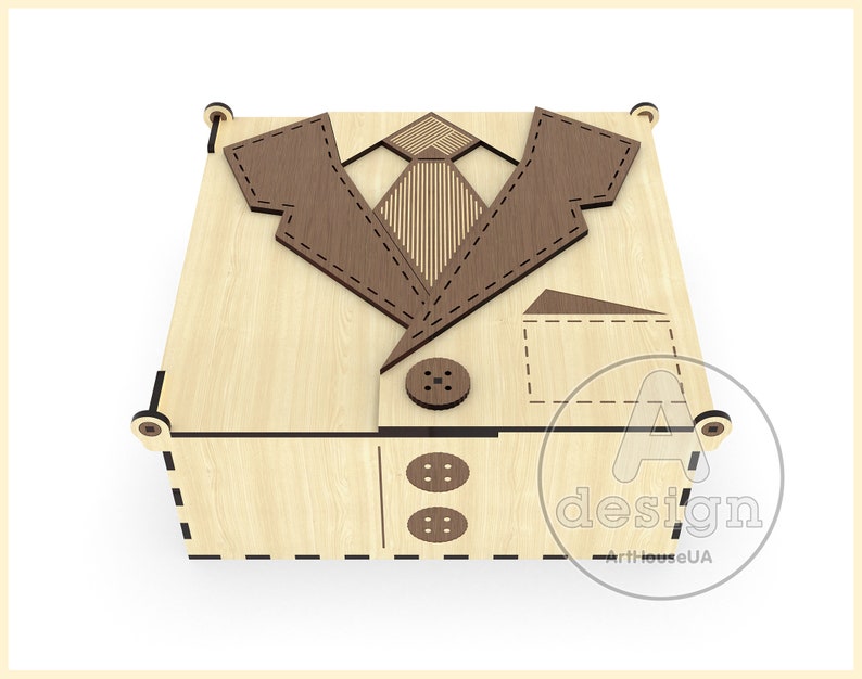 May include: A wooden box shaped like a suit with a brown tie, two buttons, and a pocket on the front. The box is made of light wood and has a dark brown stain.