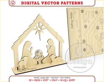 May include: A wooden Nativity scene with a star and tree design, featuring Mary, Joseph, and baby Jesus. The words "Merry Christmas" are at the base. The image also shows a flat wooden sheet with cut-out shapes.