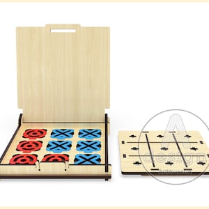 May include: A wooden tic-tac-toe game with a lid. The game board has nine spaces with red circles and blue crosses. The lid has a handle and can be used to store the game pieces.
