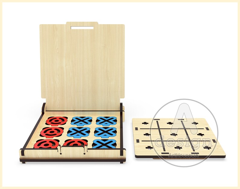 May include: A wooden tic-tac-toe game with a lid. The game board has nine spaces with red circles and blue crosses. The lid has a handle and can be used to store the game pieces.
