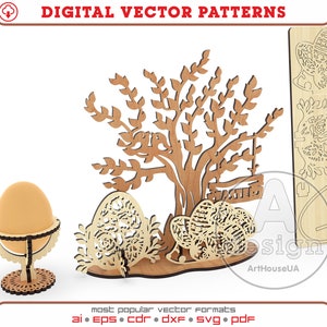 Tarjeta de Pascua 3D Puzzles soporte de huevo, saludos de Pascua DXF, láser de tarjeta de recuerdo, vector de bandeja de huevo de Pascua, archivo SVG de láser Glowforge de tarjeta de Pascua