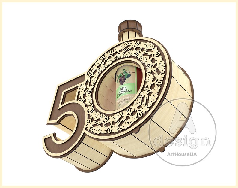 May include: Wooden box shaped like the number 50 with a cutout for a bottle of wine. The box is decorated with a grapevine design and the words "Wine Collection".