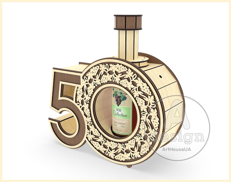 May include: Wooden wine bottle holder shaped like the number 50, with a decorative grapevine design and a cutout for a wine bottle. The holder is made of light brown wood and has a dark brown trim.