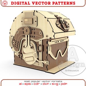 以下が含まれることがあります： 詳細なデザインのヘルメットの木製モデル。ヘルメットは、現実的な外観を作り出すためにカットされ組み立てられた複数の木片でできています。ヘルメットは茶色とベージュのカラーリングで塗装されています。このモデルは、レーザーカットプロジェクトの素晴らしい例です。