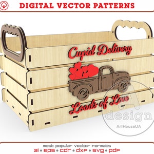 Plik wektorowy wycinany laserowo Cupid Delivery Crate, mnóstwo miłości walentynkowe pudełko prezentowe Glowforge Ready SVG, walentynkowy zabytkowy samochód dostawczy wektor