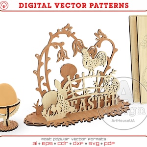 Tarjeta de Pascua 3D Puzzles soporte de huevo, saludos de Pascua DXF, láser de tarjeta de recuerdo, vector de bandeja de huevo de Pascua, archivo SVG de láser Glowforge de tarjeta de Pascua
