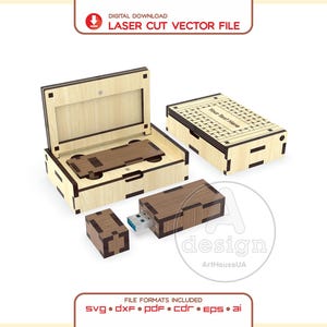 May include: A laser cut vector file for a wooden USB flash drive and a matching rectangular storage box. The box is shown both open and closed, with a woven pattern and the text Your Text Here on the lid. The USB drive has a removable cap.