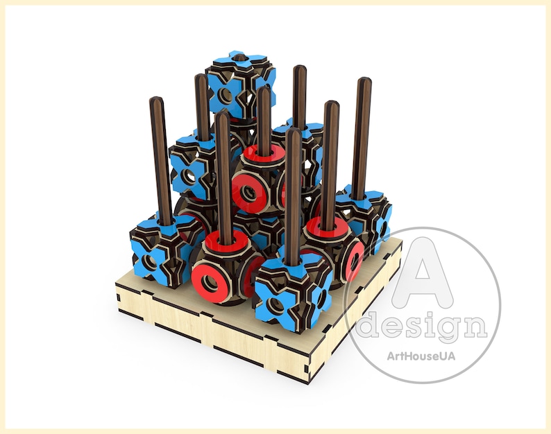 May include: A wooden toy with a stack of colourful geometric shapes. The shapes are red, blue, and black. The toy is on a wooden base.