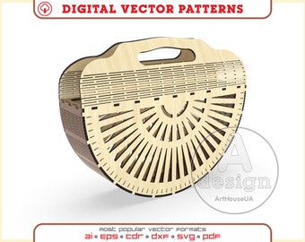 Wooden handbag, Vintage wooden purse, Vintage bag, Vintage wooden handbag, Vector plans, Laser cut model, Vector models,WHB-V1