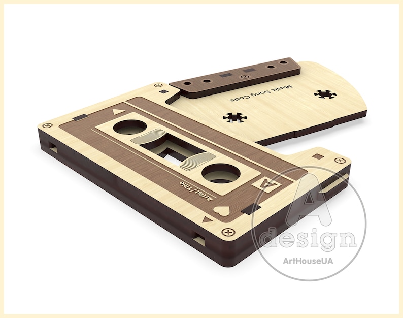 May include: A wooden cassette tape with a brown and beige color scheme. The cassette is open and the tape is visible. The text "Artist/Time" and "Music Song Code" are printed on the cassette.