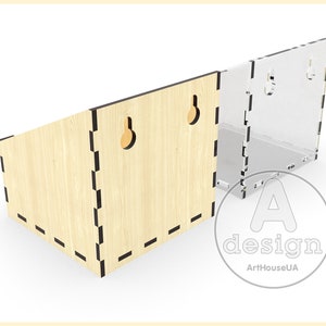 May include: A wooden wall shelf with two holes for hanging. The shelf is made of light wood with a black border. The shelf is angled and has a clear acrylic back.