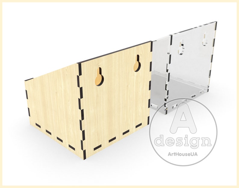 May include: A wooden wall shelf with two holes for hanging. The shelf is made of light wood with a black border. The shelf is angled and has a clear acrylic back.