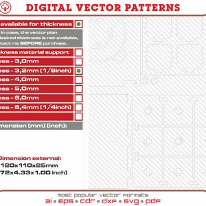 May include: A digital vector pattern for a 3D model of a box with a grid pattern. The pattern is available in various thicknesses, including 3.0mm, 3.2mm, 4.0mm, 5.0mm, 6.0mm, and 6.4mm. The external dimensions of the box are 120x110x25mm (4.72x4.33x1.00 inches). The pattern is available in popular vector formats, including AI, EPS, CDR, DXF, SVG, and PDF.