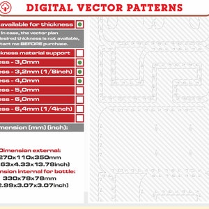 K&ouml;nnte beinhalten: Ein digitales Vektor-Muster f&uuml;r eine Flasche, mit Abmessungen in Millimetern und Zoll. Das Muster ist in verschiedenen St&auml;rken erh&auml;ltlich, darunter 3,0 mm, 3,2 mm, 4,0 mm, 5,0 mm, 6,0 mm und 6,4 mm. Die Au&szlig;enma&szlig;e betragen 270x110x350 mm (10,63x4,33x13,78 Zoll), und die Innenma&szlig;e f&uuml;r die Flasche betragen 330x78x78 mm (12,99x3,07x3,07 Zoll).