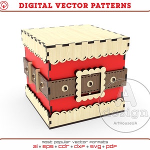 Cortador láser de archivo vectorial de caja de regalo de Navidad Santa y SVG listo Glowforge, titular de dulces de Navidad, cesta de regalo de Santa, bolsa de regalo de Navidad