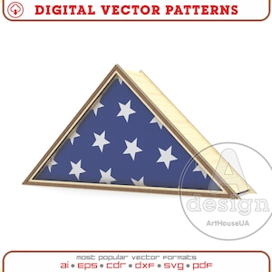 Könnte beinhalten: Eine hölzerne Fahnenvitrine mit einer gefalteten amerikanischen Flagge. Die Flagge hat ein blaues Feld mit weißen Sternen und rot-weißen Streifen. Der Text "DIGITAL VECTOR PATTERNS" befindet sich oben.