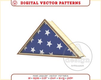 May include: A wooden flag display case with a folded American flag inside. The flag has a blue field with white stars and red and white stripes. The text "DIGITAL VECTOR PATTERNS" is at the top.