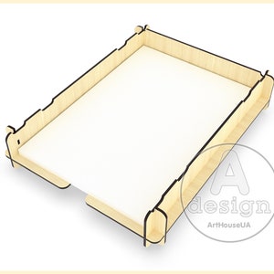 May include: A wooden file organizer with a light wood finish and black edges. The organizer is empty and ready to hold files.