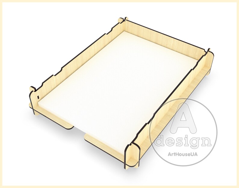 May include: A wooden file organizer with a light wood finish and black edges. The organizer is empty and ready to hold files.