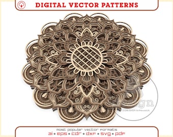 May include: A brown and beige layered mandala design with intricate details. The design is symmetrical and has a circular shape. The mandala is a popular decorative element in art and design.
