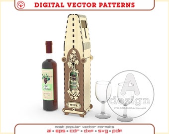 Wine box laser cut vector file, Wine bottle holder, Wine box laser ready SVG file, Plywood wine box, Wooden line box, Bottle stand, Ver.9N