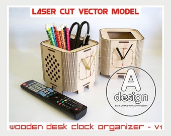 Holz Schreibtisch Uhr Organizer Laser Cut Datei Digitaler Vektor für Office Lagerung