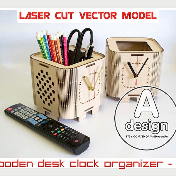 Wooden desk clock organizer, Wooden clock, Desk clock, Desk clock organizer, Docking station, Laser cut vector model, Cnc cut file, WDC1