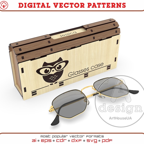 Wooden case for sun glasses, Eyeglass wood case for laser cutting DXF, Glasses case vector file, Glasses case vector SVG for Glowforge users